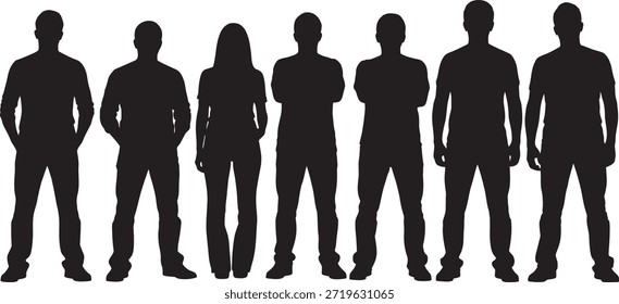 A group of seven people standing side by side in black silhouette against a plain white backdrop