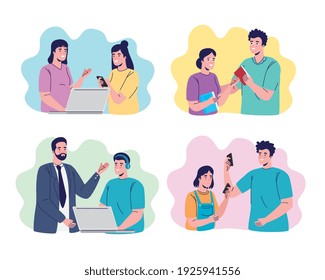 group of seven students and teacher characters online education vector illustration design