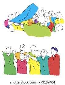 A group of several people wearing colorful T-shirts are holding a scarf of football fans "Rozette" over their heads. " Colored vector illustration of a soccer theme. Football fans.