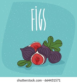 Group of several ripe fig fruits with small leaves, whole and beautifully cut into pieces. Isolated background. Realistic hand draw style. Lettering inscription Figs. Vector illustration