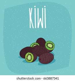 Group of several ripe kiwi fruits, whole and beautifully cut into pieces. Visible flesh and seeds. Isolated blue background. Realistic hand draw style. Lettering Kiwi. Vector illustration