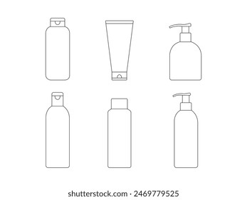 Group of Shampoo Bottle Outline icon isolated white background. Vector Illustration