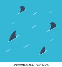 Group of shark at sea. Danger ocean concept. Pattern of shark fins on a blue background. Vector colorful illustration isometric flat style 