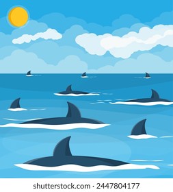 Group of sharks at sea. Shark fins over surface of water in ocean. Wildlife, nature. Vector illustration in flat style