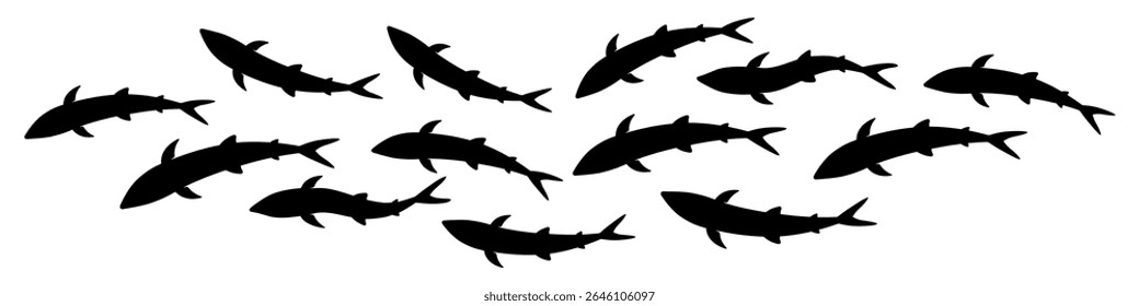 Group of sharks swimming in a curved motion underwater. Symbolic vector illustration of ocean predators, marine wildlife
