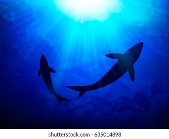 A group of sharks are swimming at the depth of the ocean. vector illustration