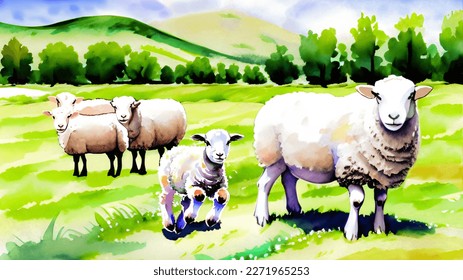 A group of sheep in a meadow with wildflowers. One lamb jumps around joyfully. Hand painted watercolor drawing on watercolor paper as vector.