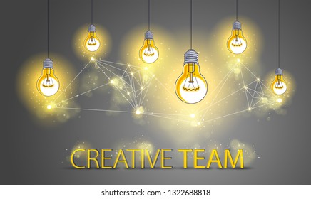 Group of shining light bulbs represents idea of creative people teamwork having ideas working together, creative team concept, vector illustration.