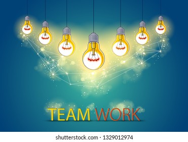 Group of shining light bulbs represents idea of creative people teamwork having ideas working together, creative team concept, vector illustration.
