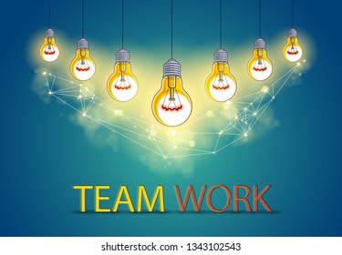 Group of shining light bulbs represents idea of creative people teamwork having ideas working together, creative team concept, vector illustration.