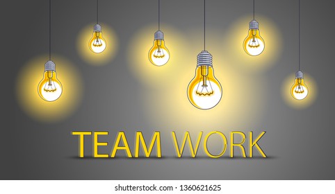 Group of shining light bulbs represents idea of creative people teamwork having ideas working together, creative team concept, vector illustration.