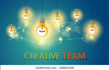 Group of shining light bulbs represents idea of creative people teamwork having ideas working together, creative team concept, vector illustration.