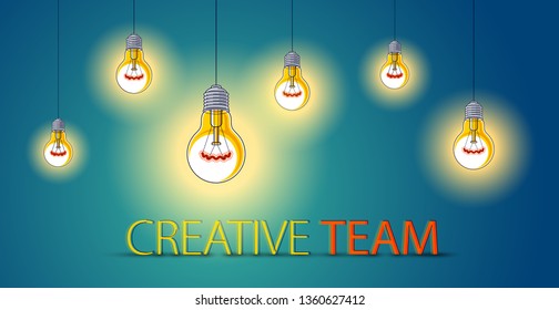 Group of shining light bulbs represents idea of creative people teamwork having ideas working together, creative team concept, vector illustration.