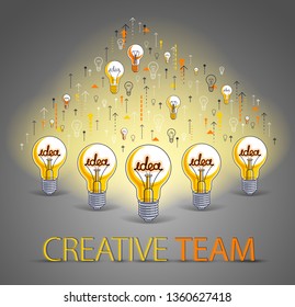 Group of shining light bulbs represents idea of creative people teamwork having ideas working together, creative team concept, vector illustration.