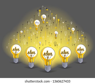Group of shining light bulbs represents idea of creative people teamwork having ideas working together, creative team concept, vector illustration.