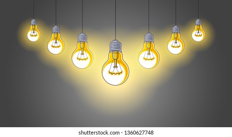 Group of shining light bulbs represents idea of creative people teamwork having ideas working together, creative team concept, vector illustration.