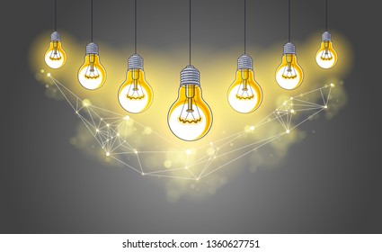Group of shining light bulbs represents idea of creative people teamwork having ideas working together, creative team concept, vector illustration.