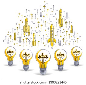 Group of shining light bulbs and set of launching rockets, startup ideas concept, teamwork, creative business team, vector illustration.