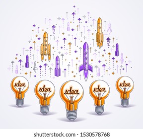 Group of shining light bulbs and set of launching rockets, startup ideas concept, teamwork, creative business team, vector illustration.