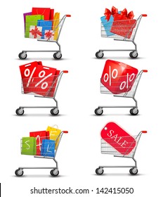 Group of shopping carts full of shopping bags and gift boxes. Concept of discount. Vector.