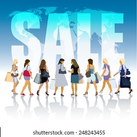 Group of shopping women in front of world map and white large word - SALE