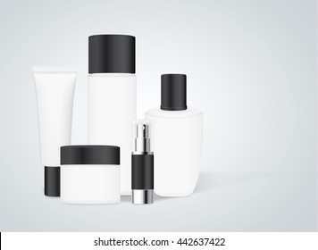 Group shot cosmetic container white color with black cap. For product container mock up