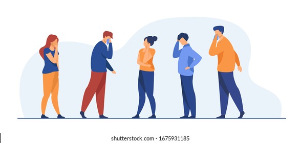 Group Of Sick People Suffering From Flu Symptoms. Men And Women Feeling Headache, Sneezing, Applying Handkerchief To Noses. Vector Illustration For Healthcare, Sickness, Infection Concept