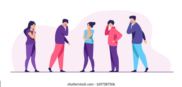 Group of sick people suffering from flu symptoms. Men and women feeling headache, sneezing, applying handkerchief to noses. Vector illustration for healthcare, sickness, infection concept