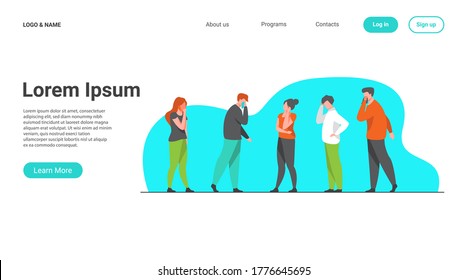 Group of sick people suffering from flu symptoms. Men and women feeling headache, sneezing, applying handkerchief to noses. Vector illustration for healthcare, sickness, infection concept