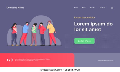 Group of sick people suffering from flu symptoms. Men and women feeling headache, sneezing, applying handkerchief to noses. Vector illustration for healthcare, sickness, infection concept