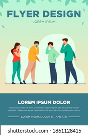 Group of sick people suffering from flu symptoms. Men and women feeling headache, sneezing, applying handkerchief to noses. Vector illustration for healthcare, sickness, infection concept