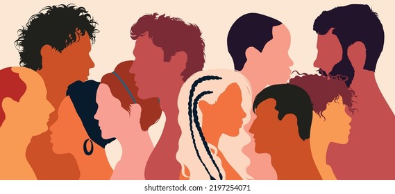 Group side of flat cartoon men and women from diverse cultures and countries. Multicultural harmony and multiethnic integration. Multiethnic diversity. Vector illustration.