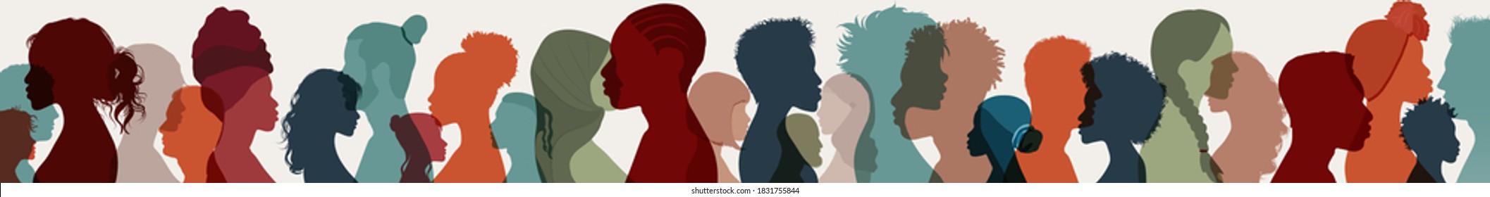 Gruppenseiten Silhouette Männer und Frauen unterschiedliche Kultur und verschiedene Länder. Vielfalt vieler multiethnischer Menschen. Koexistenz und multikulturelle Integration der Gemeinschaft. Menschenmenge