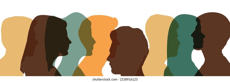 Silueta de grupo de hombres y mujeres de diferentes culturas y países. La convivencia en armonía y la integración multicultural de la comunidad. Igualdad racial y diversidad multiétnica.