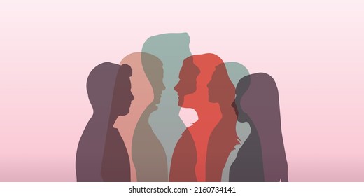 Silueta de grupo de hombres y mujeres de diferentes culturas y países. La convivencia en armonía y la integración multicultural de la comunidad. Igualdad racial y diversidad mundial multiétnica.