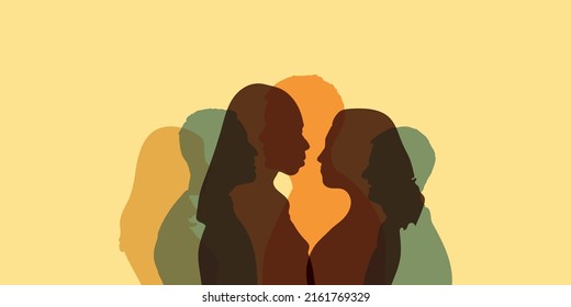 Group side silhouette men and women of different culture and different countries. Coexistence harmony and multicultural community integration. Racial equality and Global Diversity multiethnic people.