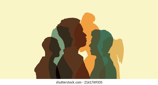 Group side silhouette men and women of different culture and different countries. Coexistence harmony and multicultural community integration. Racial equality and Global Diversity multiethnic people.