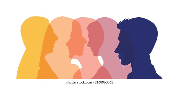 Group side silhouette men and women of different culture and different countries. Coexistence harmony and multicultural community integration. Racial equality and Global Diversity multiethnic people.