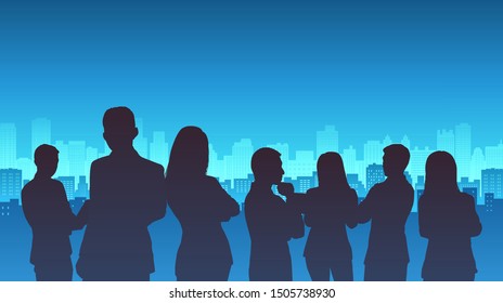 group of silhouette business man and woman standing with City Landscape on blue color background