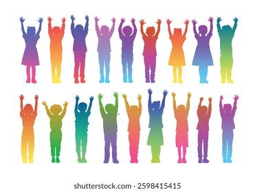 Group silhouette children rainbow color with arms raised, vector illustration.