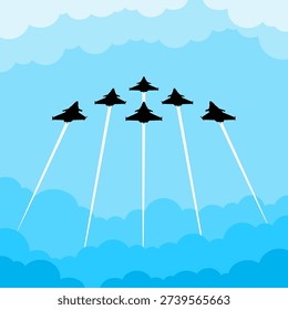 group of silhouette fighter jets flying in formation through blue cloudy sky vector illustration