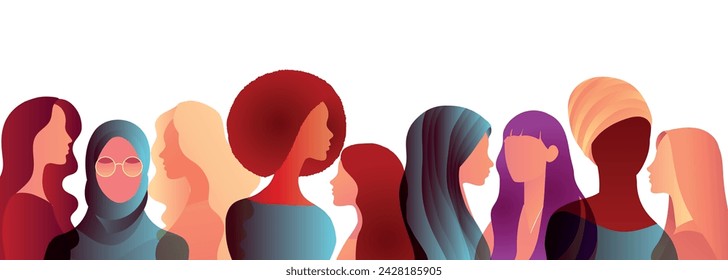 Group silhouette of multicultural business women. International women's day. Equality Diversity - Inclusion - or Empowerment concept. Colleagues or co-workers. Banner copy space
