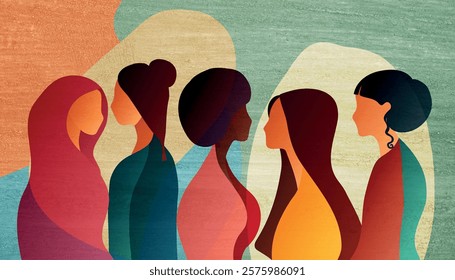 Group silhouette of multicultural women. Empowerment inclusion - equality - Diversity - or girl power concept. International women s day. Grunge texture background. Vibrant colors