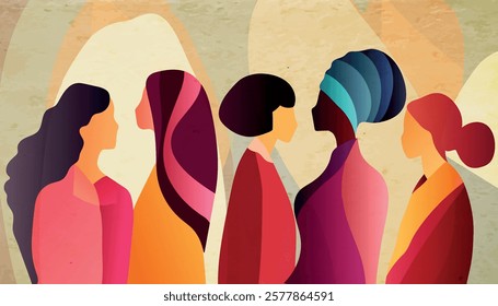 Group silhouette of multicultural women. Empowerment -equality - inclusion -  Diversity - or girl power concept. International women s day. Grunge texture background