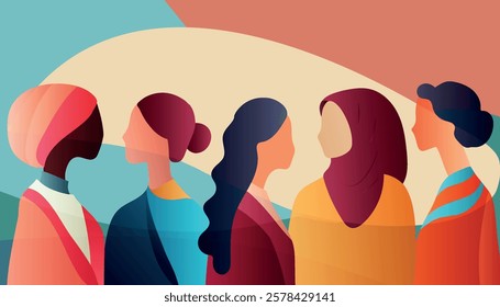 Group silhouette of multicultural women. Empowerment -equality - inclusion -  Diversity - or girl power concept. International women s day. Vivid colors