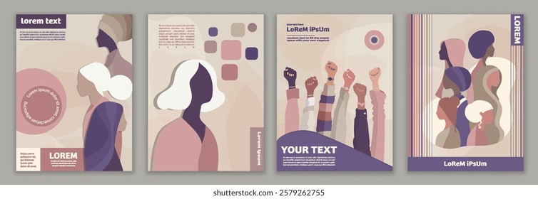 Group silhouette of multicultural women. Empowerment -equality - inclusion -  Diversity - or girl power concept. International women s day. Template poster flyer presentation