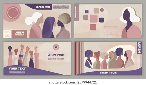 Group silhouette of multicultural women. Empowerment -equality - inclusion -  Diversity - or girl power concept. International women s day. Template banner flyer presentation