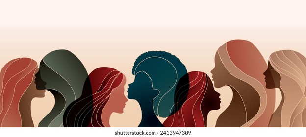 Silueta grupal de mujeres multiculturales. Día Internacional de la Mujer. Diversidad - inclusión - concepto de igualdad o empoderamiento. Lucha contra el racismo o para poner fin a la discriminación. Copiar banner de espacio