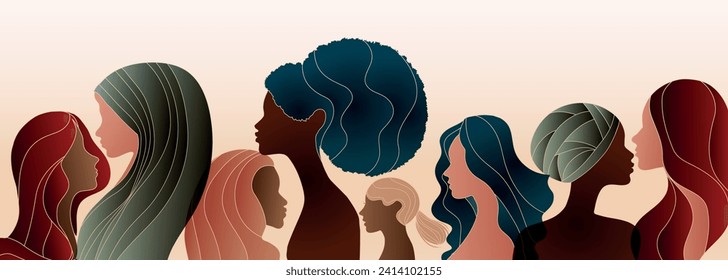 Group silhouette of multicultural women. International women's day. Diversity - inclusion - equality or empowerment concept. Anti racism or stop discrimination. Copy space banner