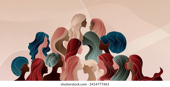 Silueta grupal de mujeres multiculturales. Día Internacional de la Mujer. Diversidad - inclusión - concepto de igualdad o empoderamiento. Lucha contra el racismo y cese la discriminación. Espacio de copia de banners